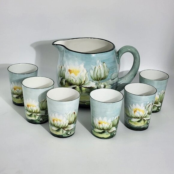 D&C France Vintage Hand Painted Pitcher and Glass Set of 7 Water Lily Green Trim - Picture 1 of 11